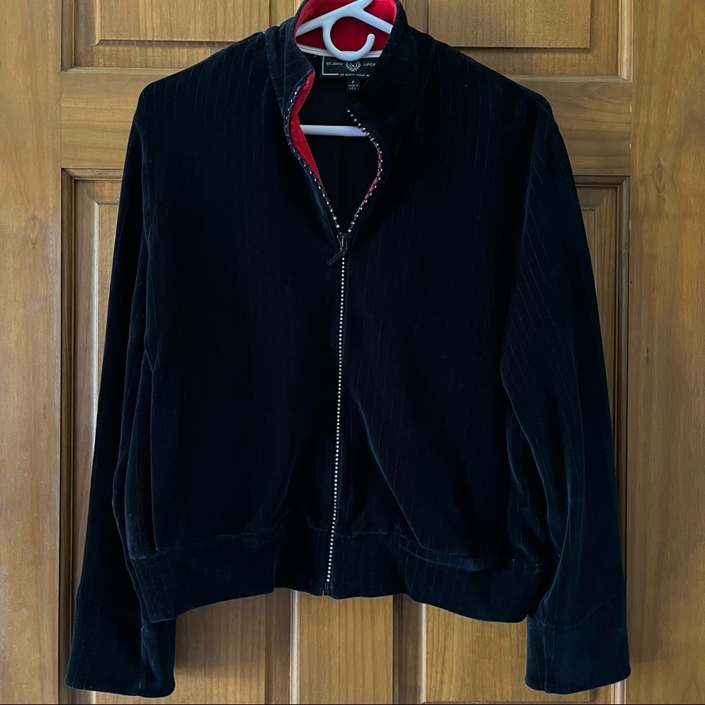 St. John Sport Velour Pinstripe Track Jacket Rhinestone Zippers Red Accents P/XS
